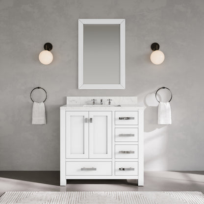 Madison 36 in. W x 34 in. H Vanity in White with Marble Vanity Top in Carrara White with White Basin | Water Creation