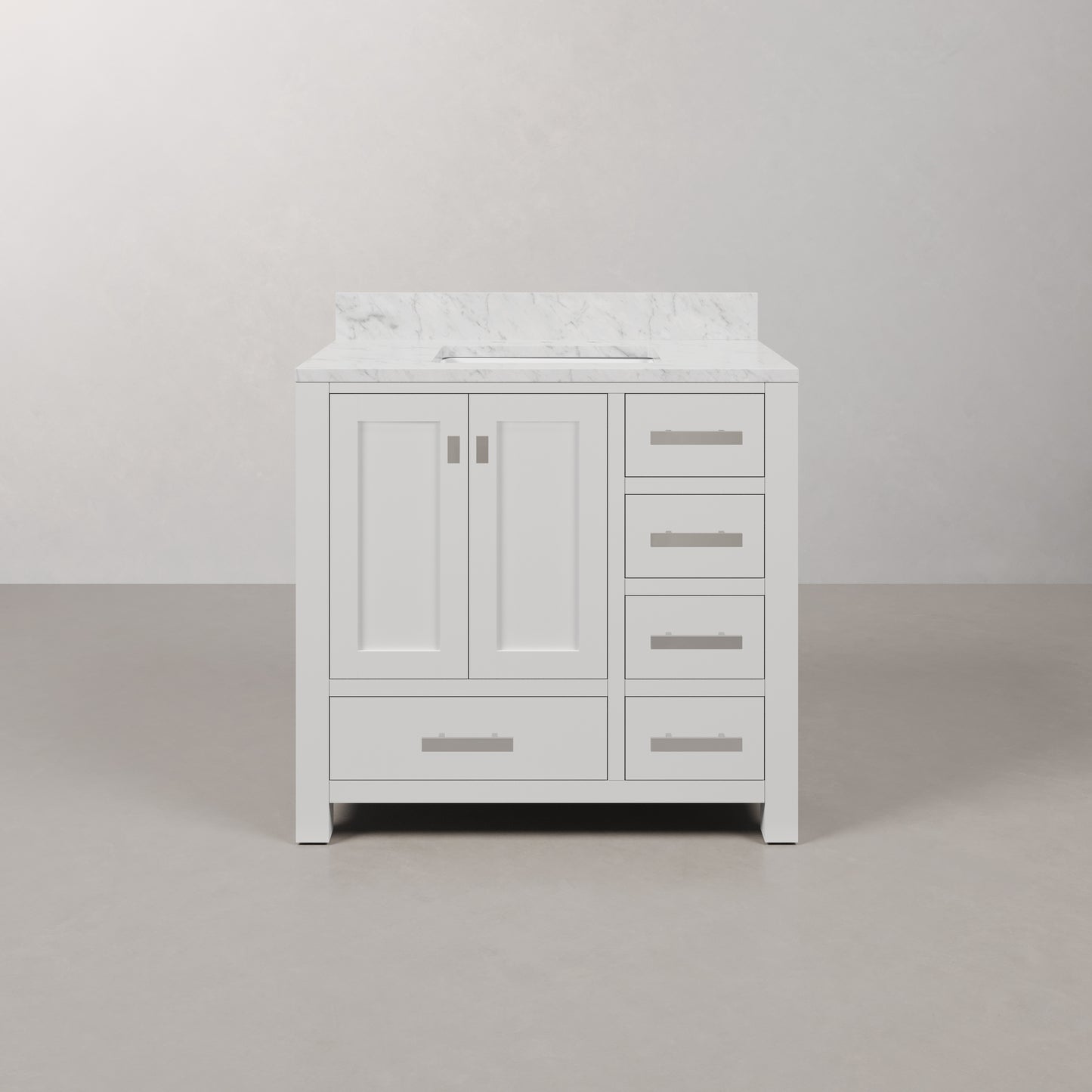 Madison 36 in. W x 34 in. H Vanity in White with Marble Vanity Top in Carrara White with White Basin | Water Creation