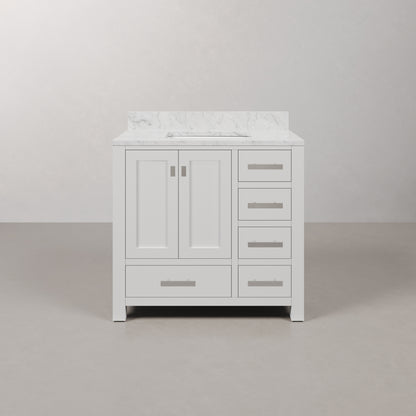 Madison 36 in. W x 34 in. H Vanity in White with Marble Vanity Top in Carrara White with White Basin | Water Creation