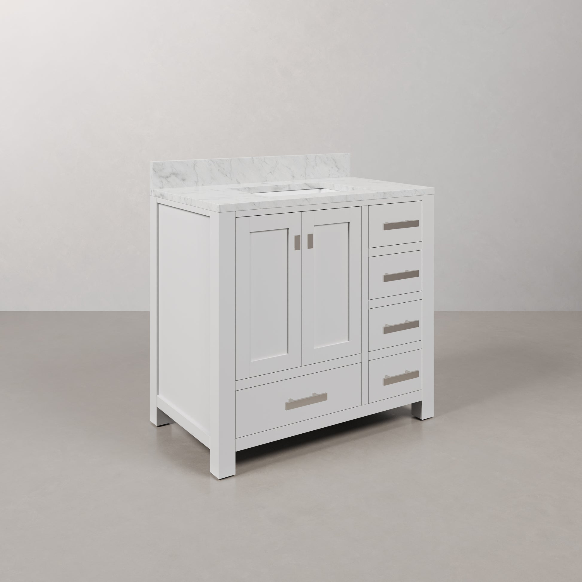 Madison 36 in. W x 34 in. H Vanity in White with Marble Vanity Top in Carrara White with White Basin | Water Creation