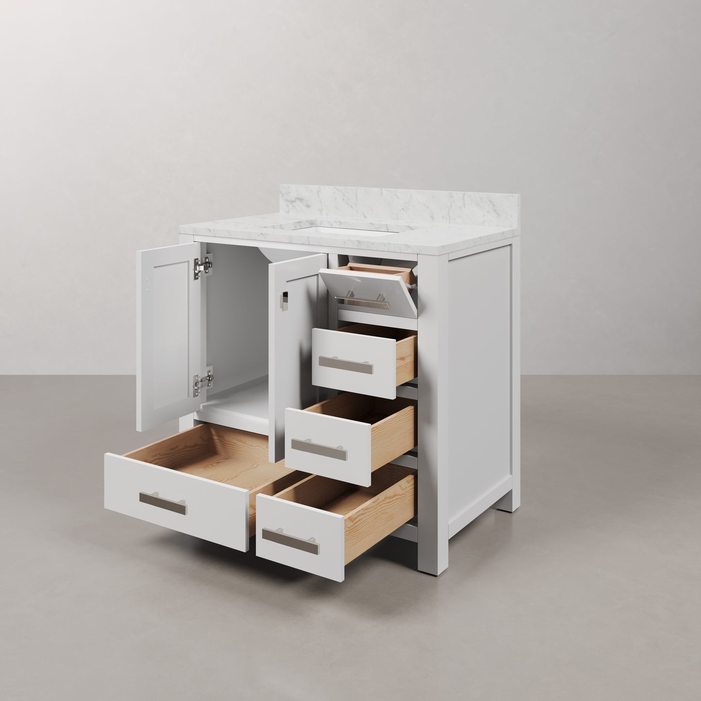 Madison 36 in. W x 34 in. H Vanity in White with Marble Vanity Top in Carrara White with White Basin | Water Creation