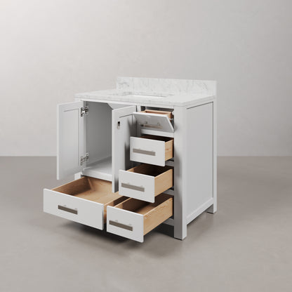 Madison 36 in. W x 34 in. H Vanity in White with Marble Vanity Top in Carrara White with White Basin | Water Creation