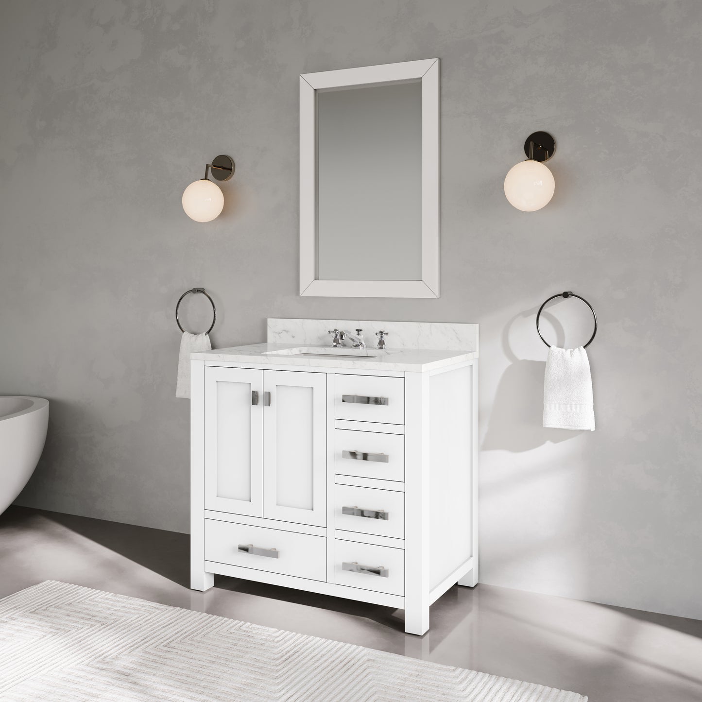 Madison 36 in. W x 34 in. H Vanity in White with Marble Vanity Top in Carrara White with White Basin | Water Creation