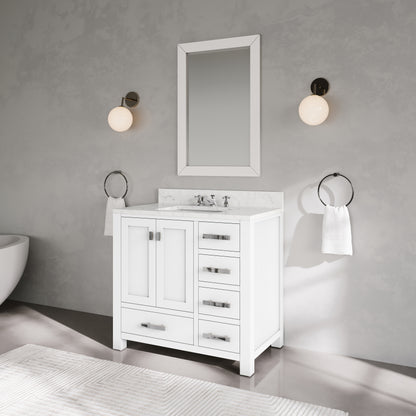 Madison 36 in. W x 34 in. H Vanity in White with Marble Vanity Top in Carrara White with White Basin | Water Creation