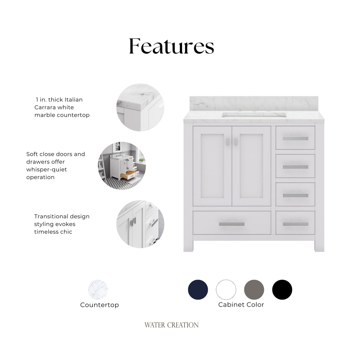 Madison 36 in. W x 34 in. H Vanity in White with Marble Vanity Top in Carrara White with White Basin | Water Creation