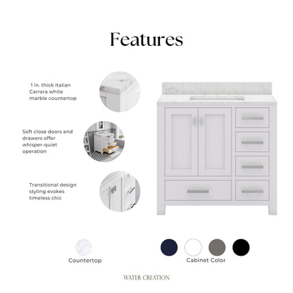 Madison 36 in. W x 34 in. H Vanity in White with Marble Vanity Top in Carrara White with White Basin | Water Creation