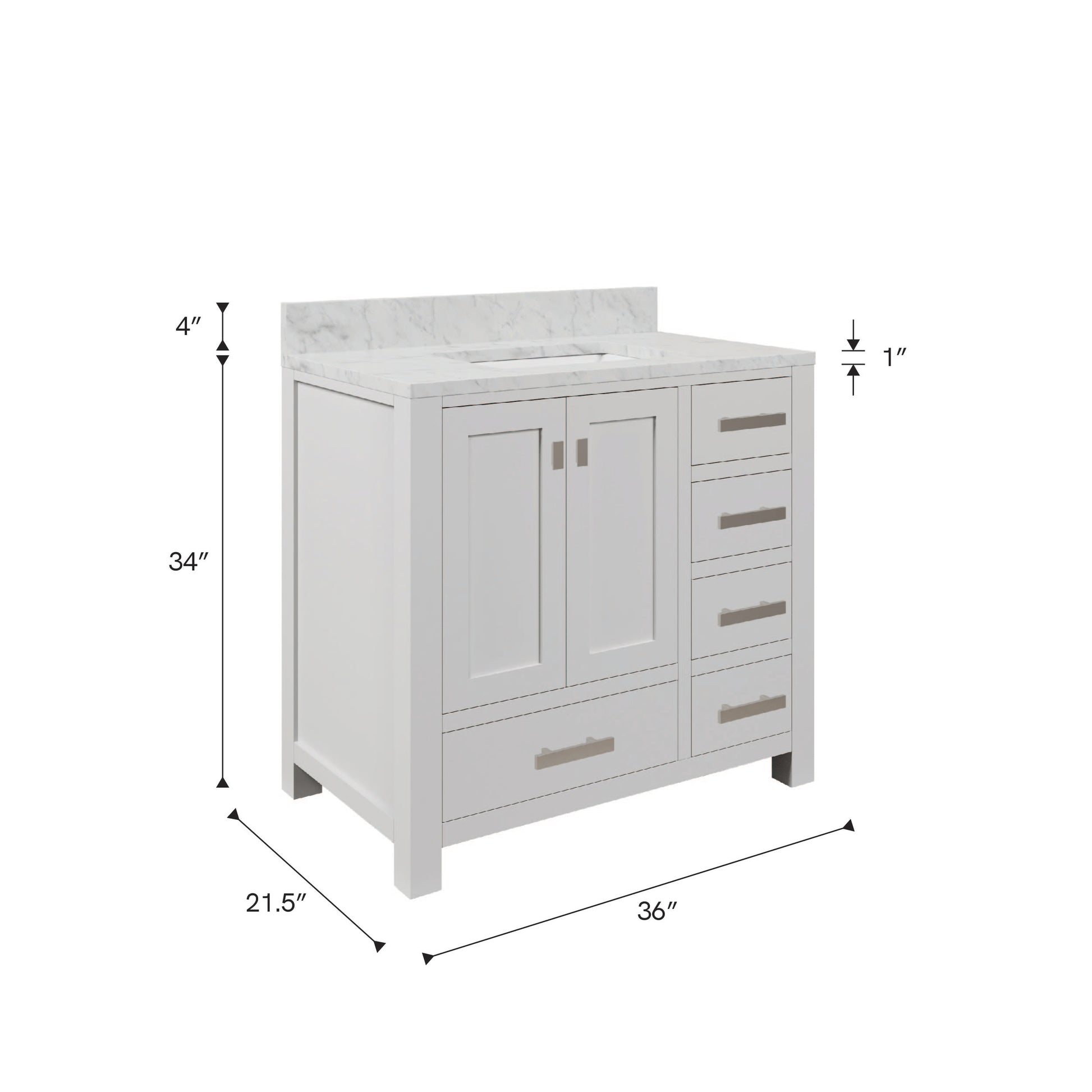 Madison 36 in. W x 34 in. H Vanity in White with Marble Vanity Top in Carrara White with White Basin | Water Creation