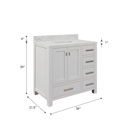 Madison 36 in. W x 34 in. H Vanity in White with Marble Vanity Top in Carrara White with White Basin | Water Creation