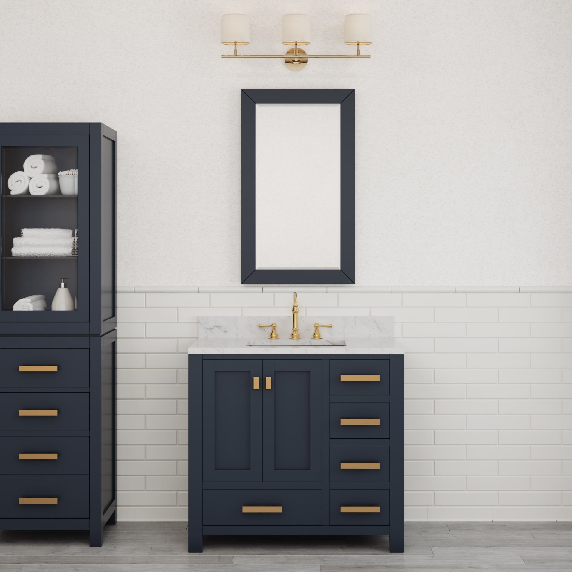 Madison 36 in. W Bath Vanity in Monarch Blue with Marble Vanity Top in Carrara White with White Basin(s) | Water Creation