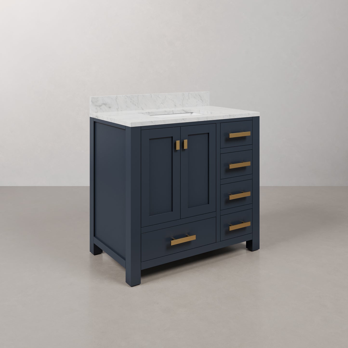 Madison 36 in. W Bath Vanity in Monarch Blue with Marble Vanity Top in Carrara White with White Basin(s) | Water Creation
