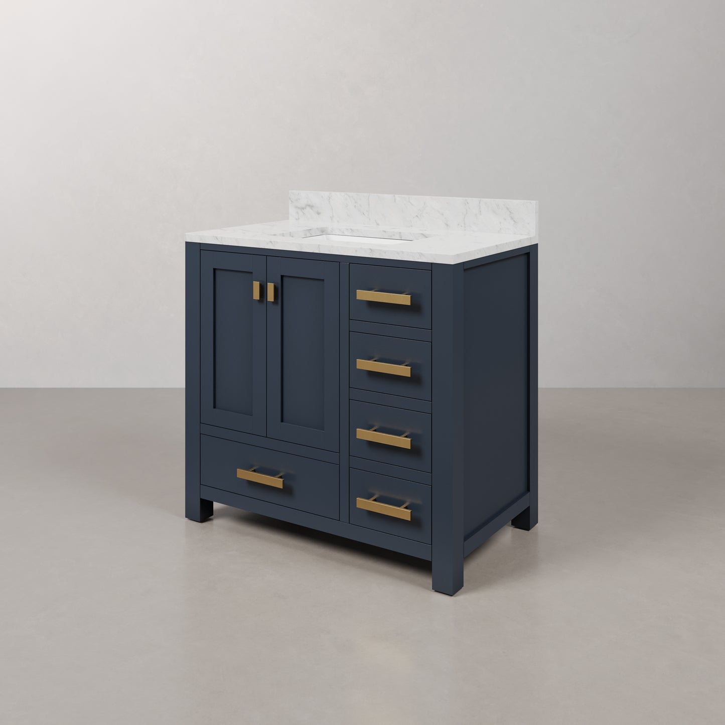Madison 36 in. W Bath Vanity in Monarch Blue with Marble Vanity Top in Carrara White with White Basin(s) | Water Creation