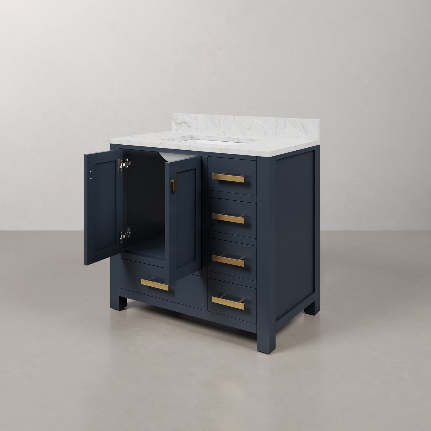 Madison 36 in. W Bath Vanity in Monarch Blue with Marble Vanity Top in Carrara White with White Basin(s) | Water Creation