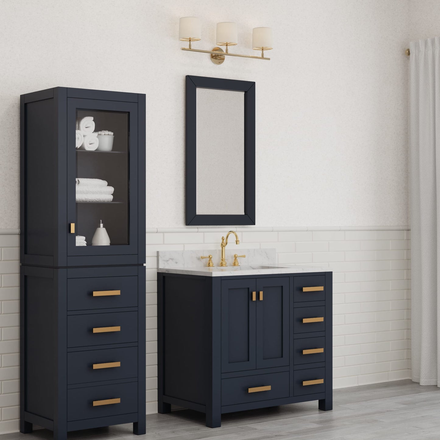 Madison 36 in. W Bath Vanity in Monarch Blue with Marble Vanity Top in Carrara White with White Basin(s) | Water Creation