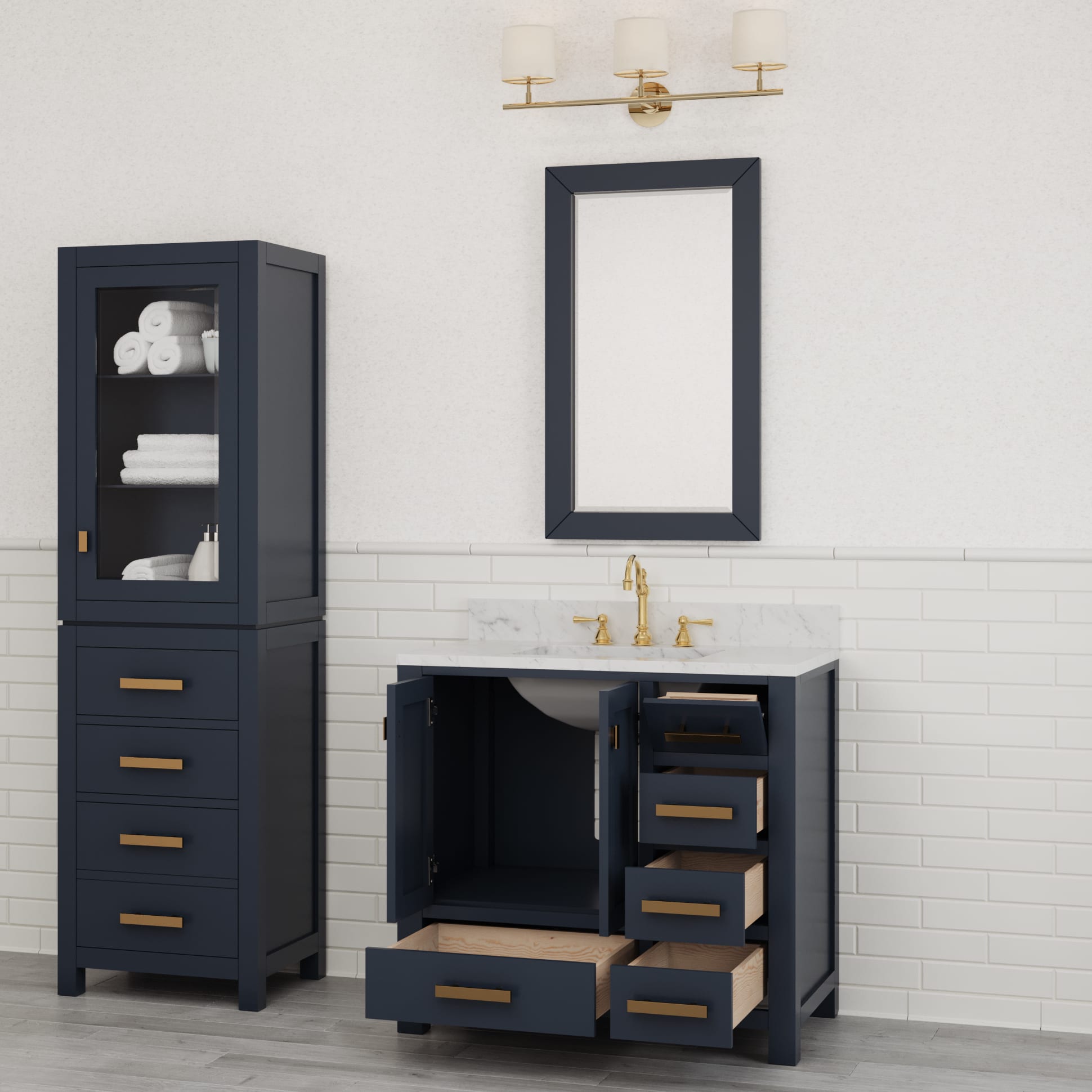 Madison 36 in. W Bath Vanity in Monarch Blue with Marble Vanity Top in Carrara White with White Basin(s) | Water Creation