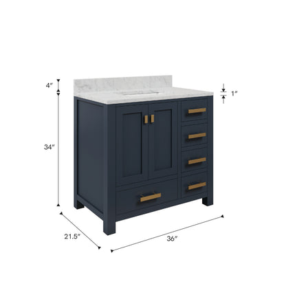 Madison 36 in. W Bath Vanity in Monarch Blue with Marble Vanity Top in Carrara White with White Basin(s) | Water Creation