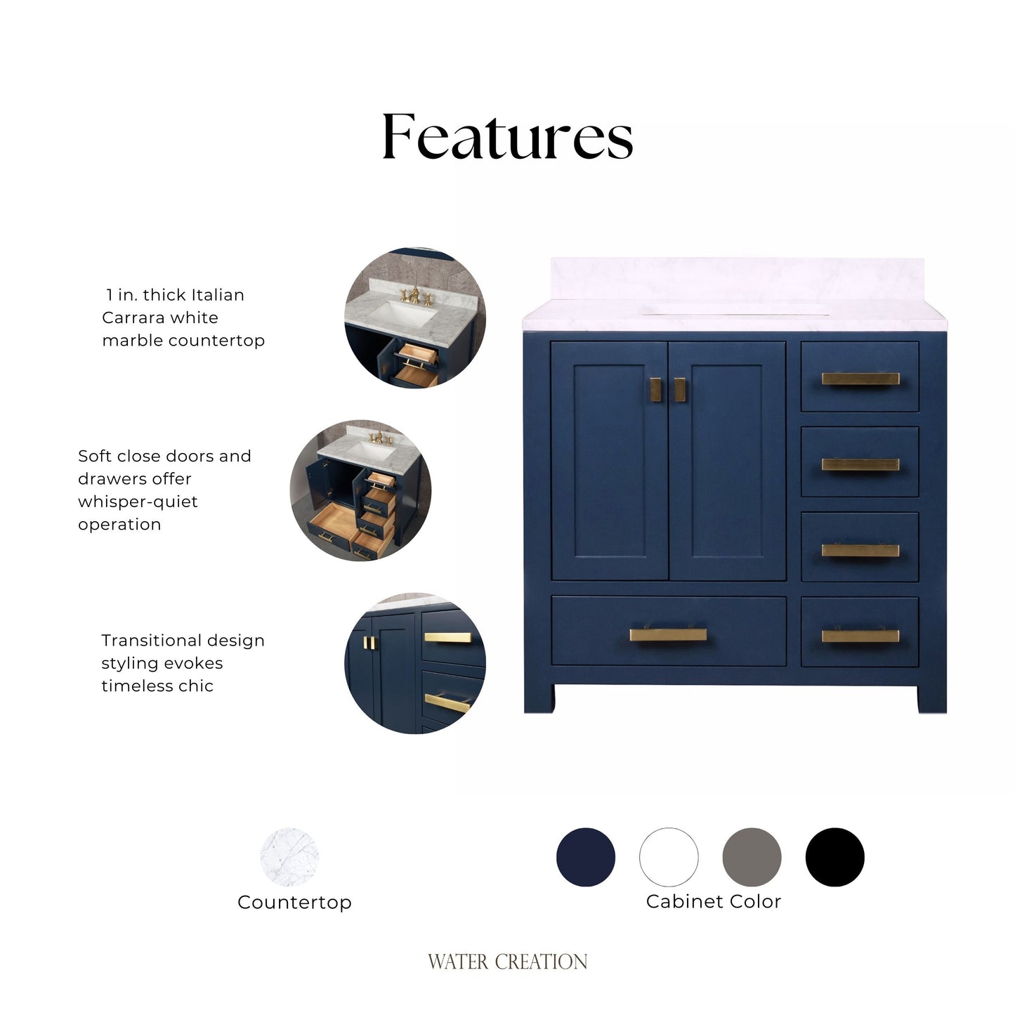 Madison 36 in. W Bath Vanity in Monarch Blue with Marble Vanity Top in Carrara White with White Basin(s) | Water Creation