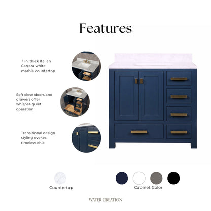 Madison 36 in. W Bath Vanity in Monarch Blue with Marble Vanity Top in Carrara White with White Basin(s) | Water Creation