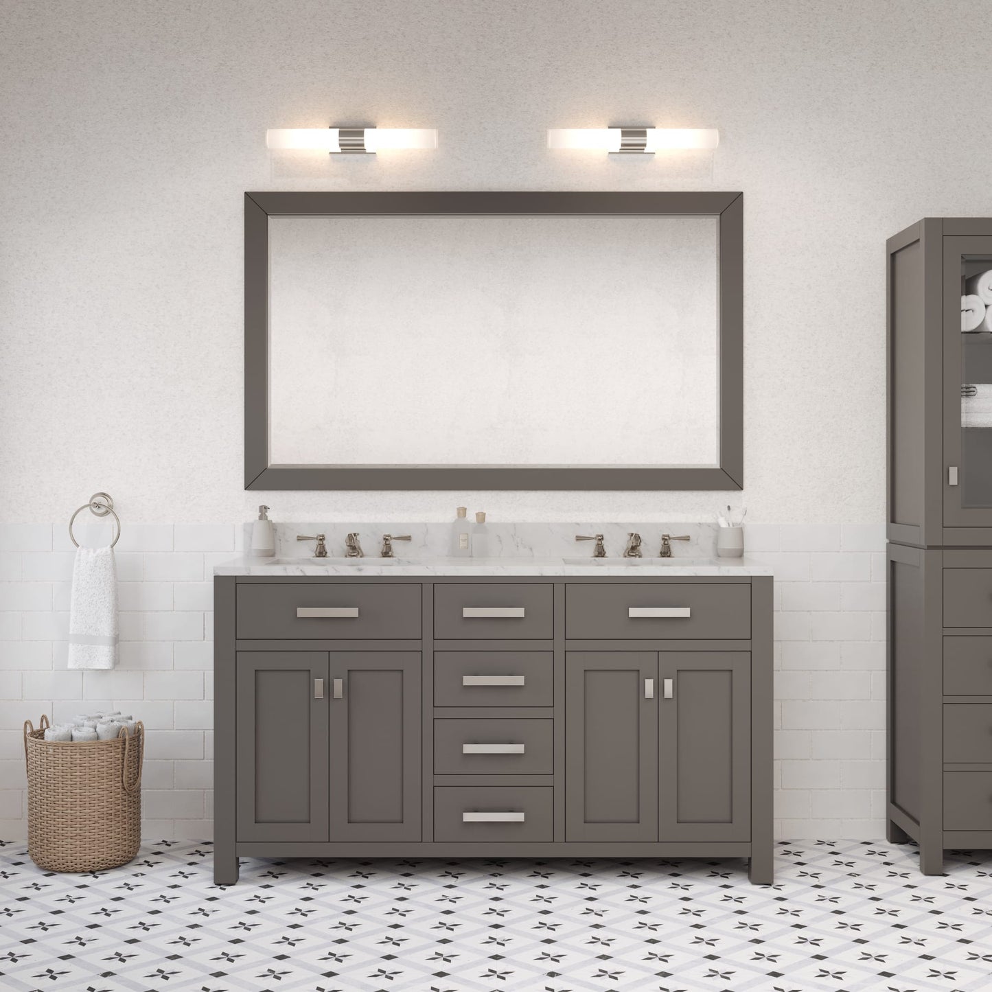 Madison 60 in. W x 21 in. D x 34 in. H Vanity in Cashmere Grey with Marble Vanity Top in Carrara White | Water Creation