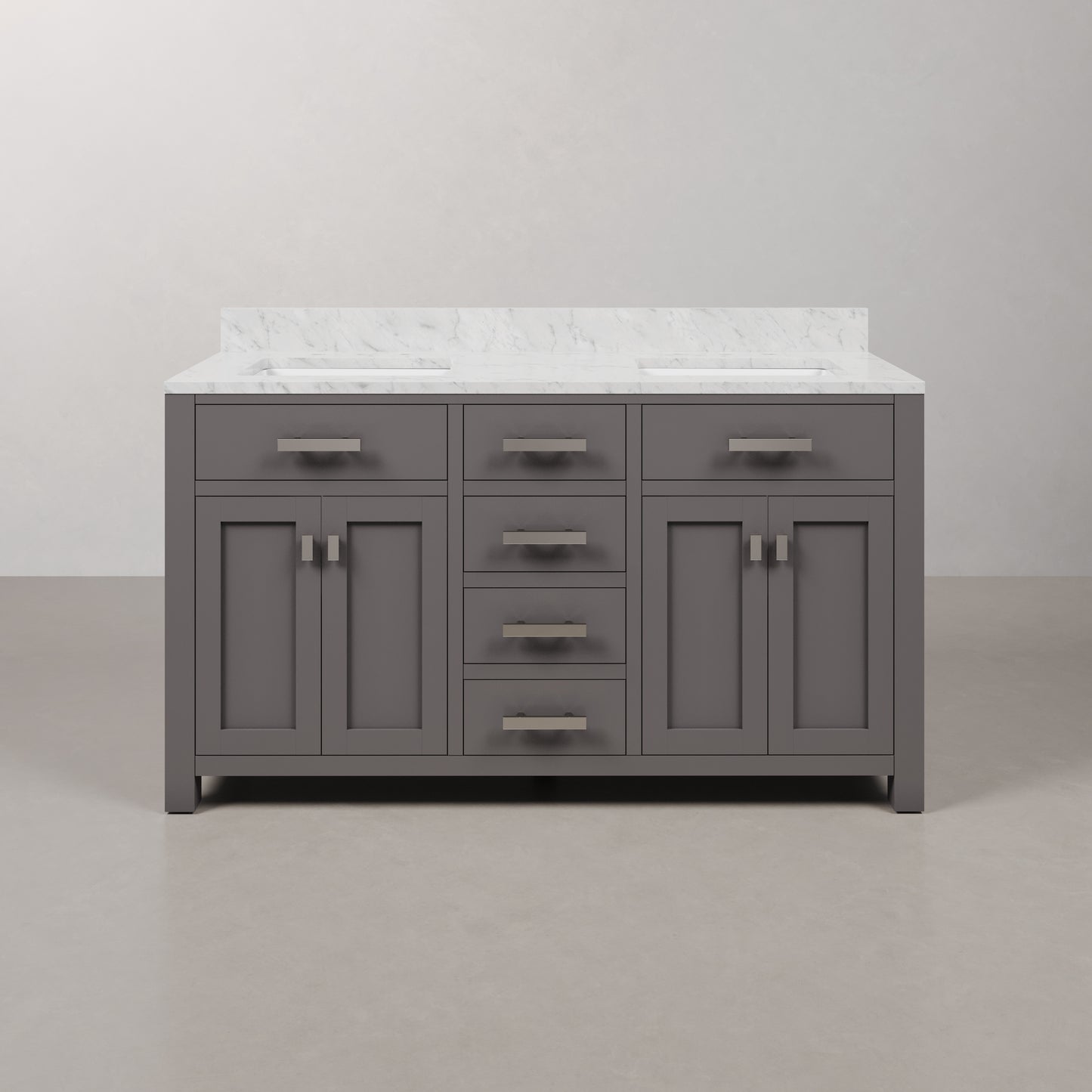 Madison 60 in. W x 21 in. D x 34 in. H Vanity in Cashmere Grey with Marble Vanity Top in Carrara White | Water Creation