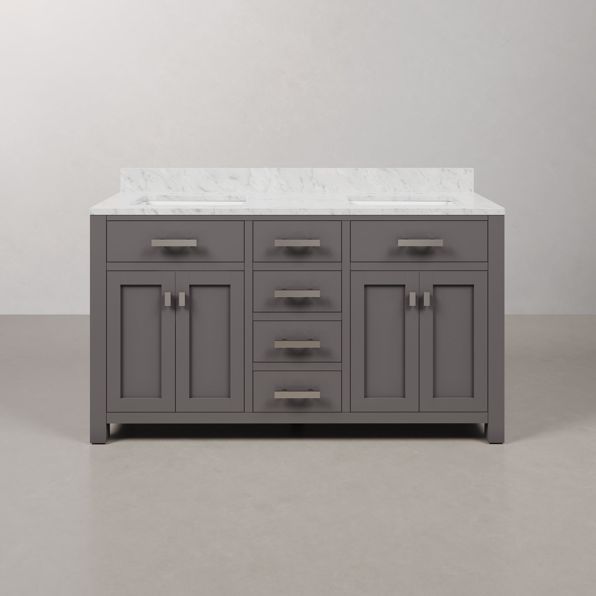 Madison 60 in. W x 21 in. D x 34 in. H Vanity in Cashmere Grey with Marble Vanity Top in Carrara White | Water Creation