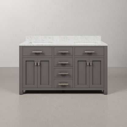Madison 60 in. W x 21 in. D x 34 in. H Vanity in Cashmere Grey with Marble Vanity Top in Carrara White | Water Creation