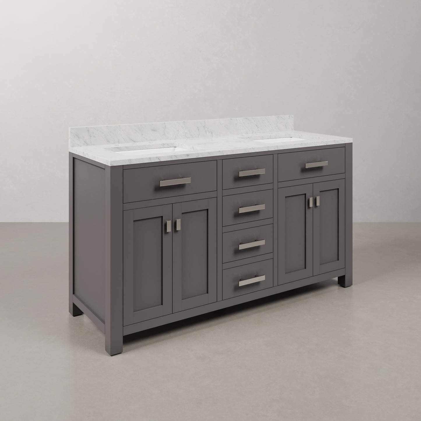 Madison 60 in. W x 21 in. D x 34 in. H Vanity in Cashmere Grey with Marble Vanity Top in Carrara White | Water Creation