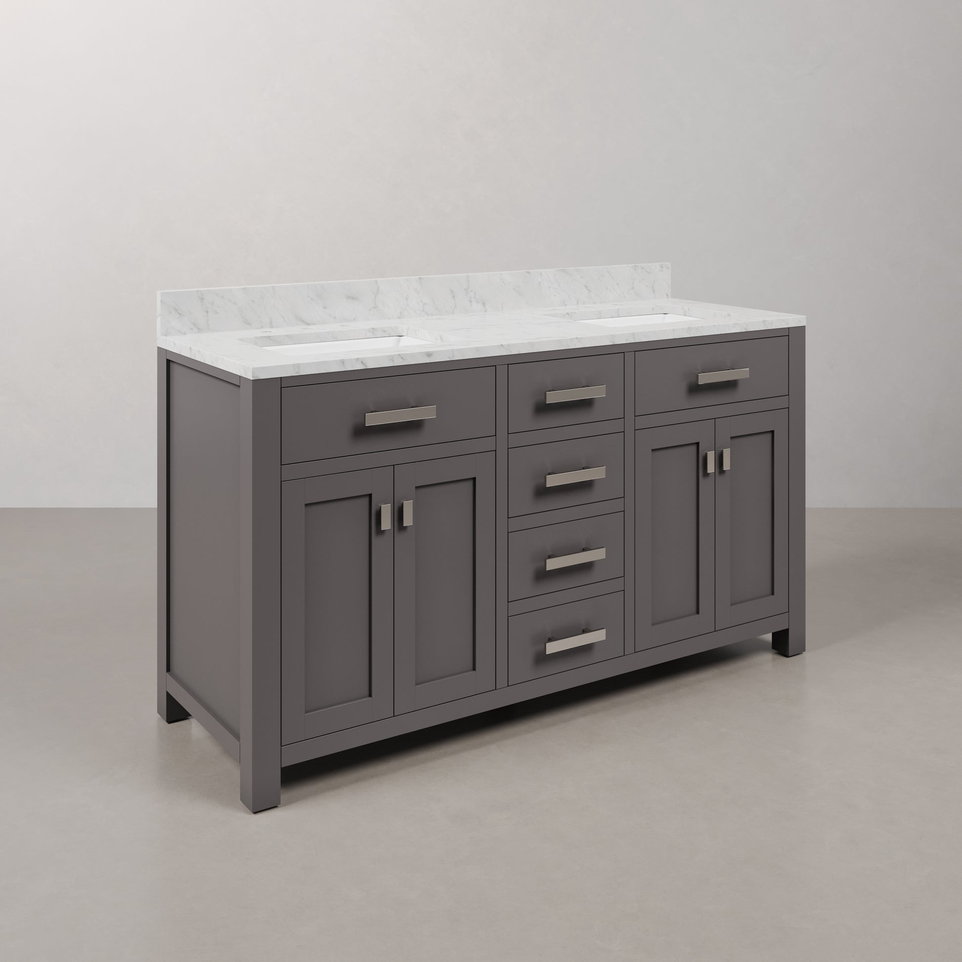 Madison 60 in. W x 21 in. D x 34 in. H Vanity in Cashmere Grey with Marble Vanity Top in Carrara White | Water Creation