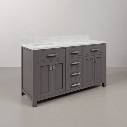 Madison 60 in. W x 21 in. D x 34 in. H Vanity in Cashmere Grey with Marble Vanity Top in Carrara White | Water Creation