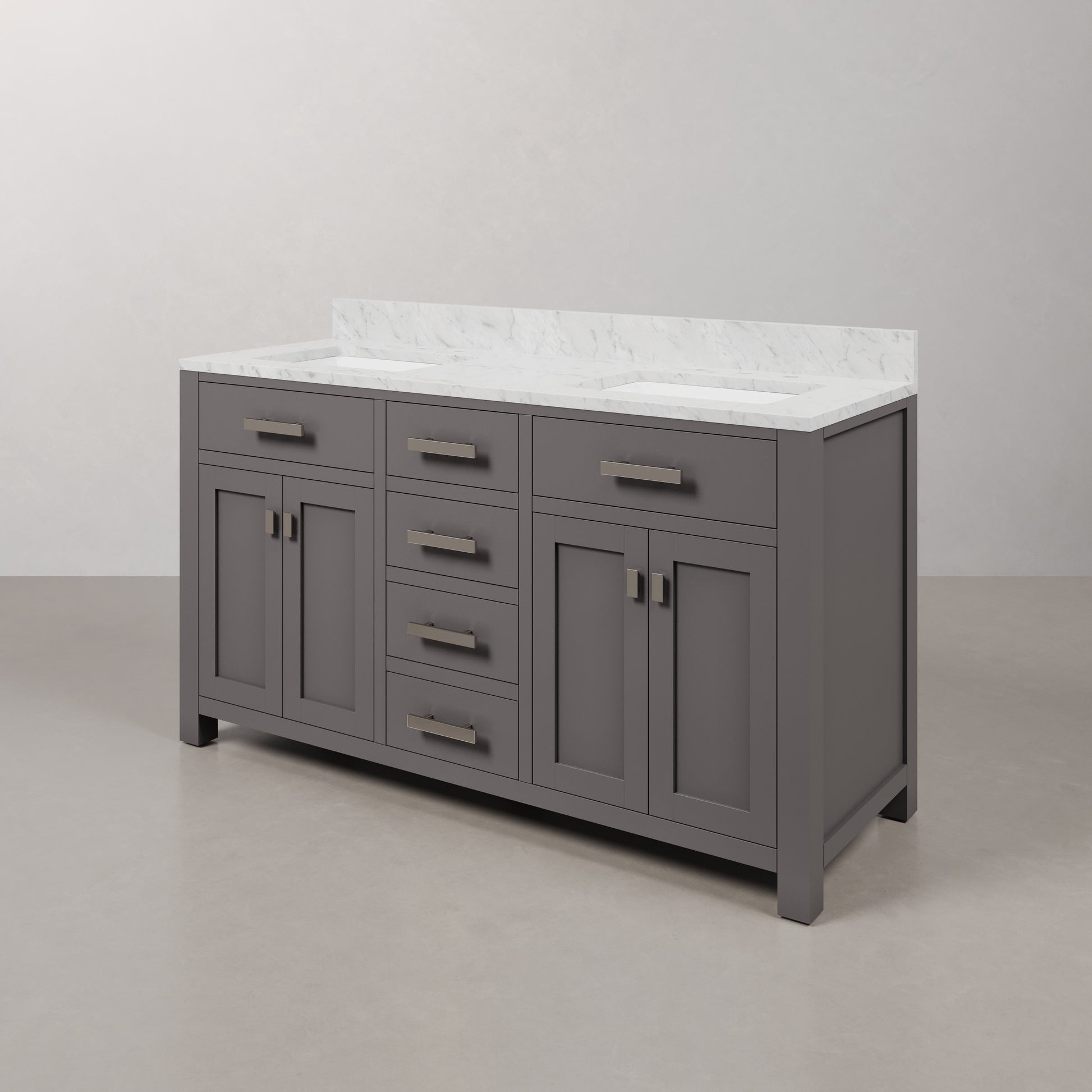 Madison 60 in. W x 21 in. D x 34 in. H Vanity in Cashmere Grey with Marble Vanity Top in Carrara White | Water Creation