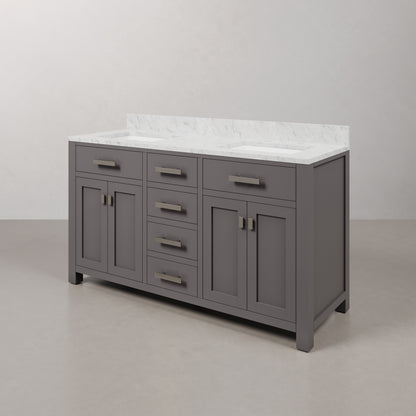 Madison 60 in. W x 21 in. D x 34 in. H Vanity in Cashmere Grey with Marble Vanity Top in Carrara White | Water Creation