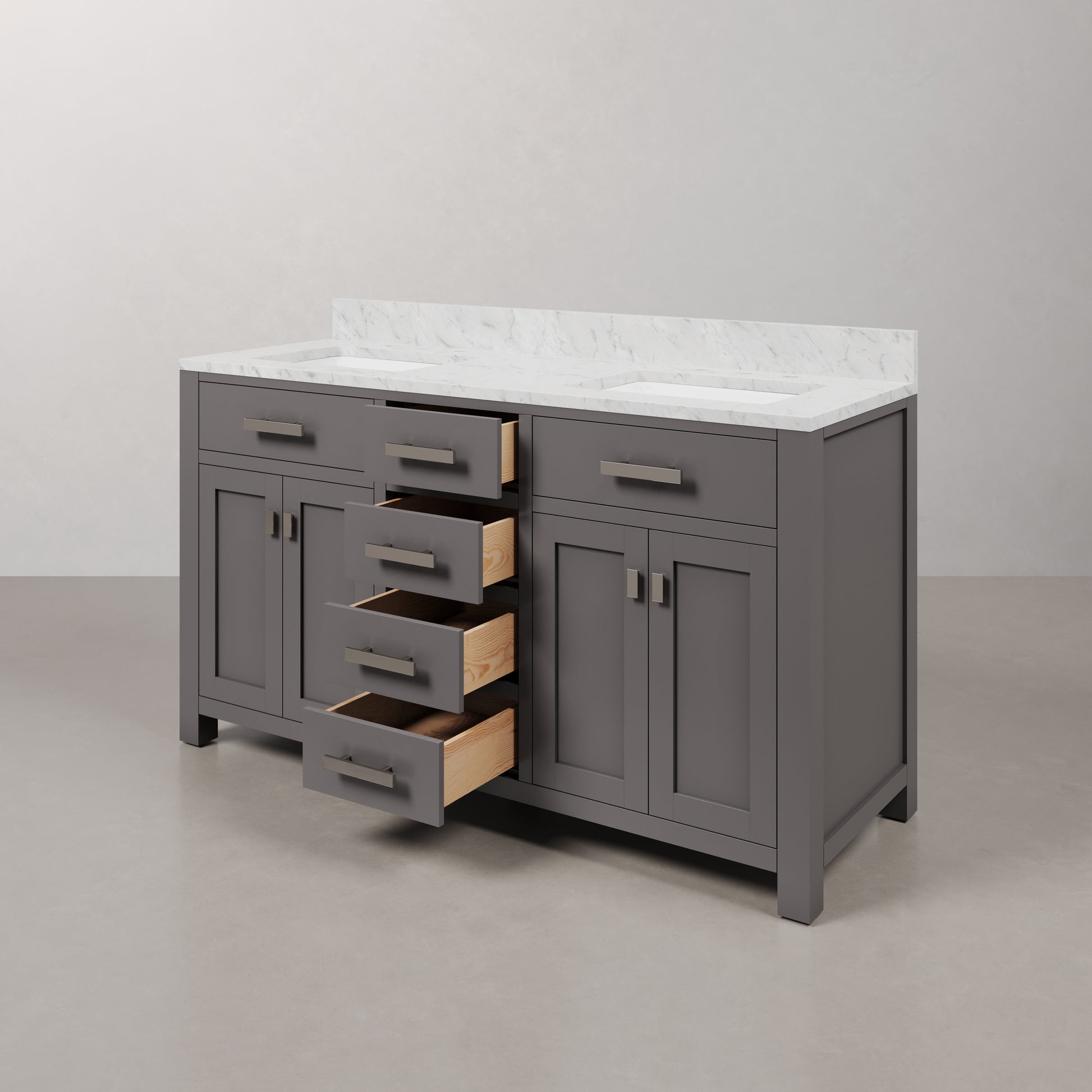 Madison 60 in. W x 21 in. D x 34 in. H Vanity in Cashmere Grey with Marble Vanity Top in Carrara White | Water Creation
