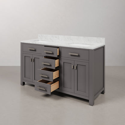 Madison 60 in. W x 21 in. D x 34 in. H Vanity in Cashmere Grey with Marble Vanity Top in Carrara White | Water Creation