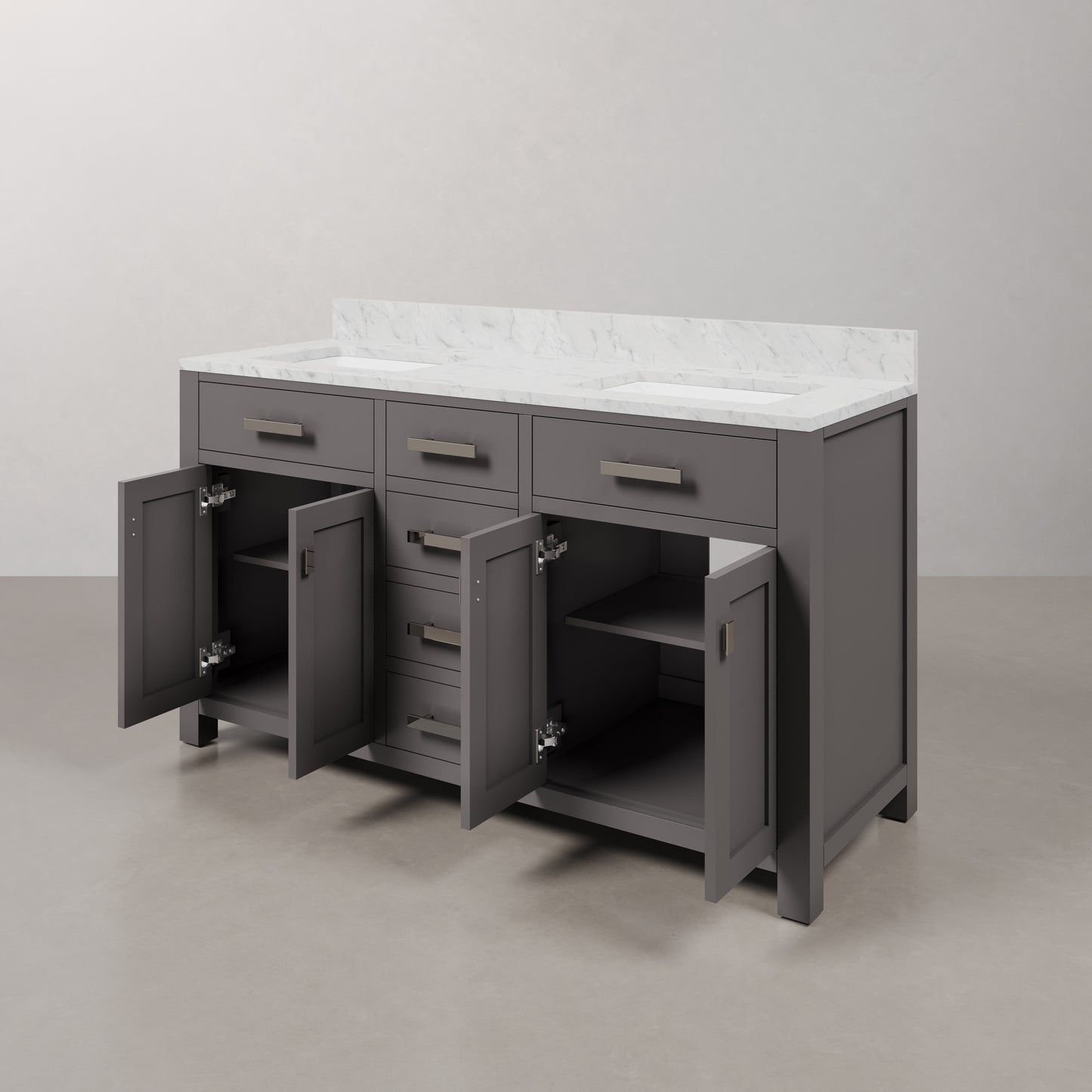 Madison 60 in. W x 21 in. D x 34 in. H Vanity in Cashmere Grey with Marble Vanity Top in Carrara White | Water Creation
