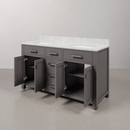 Madison 60 in. W x 21 in. D x 34 in. H Vanity in Cashmere Grey with Marble Vanity Top in Carrara White | Water Creation