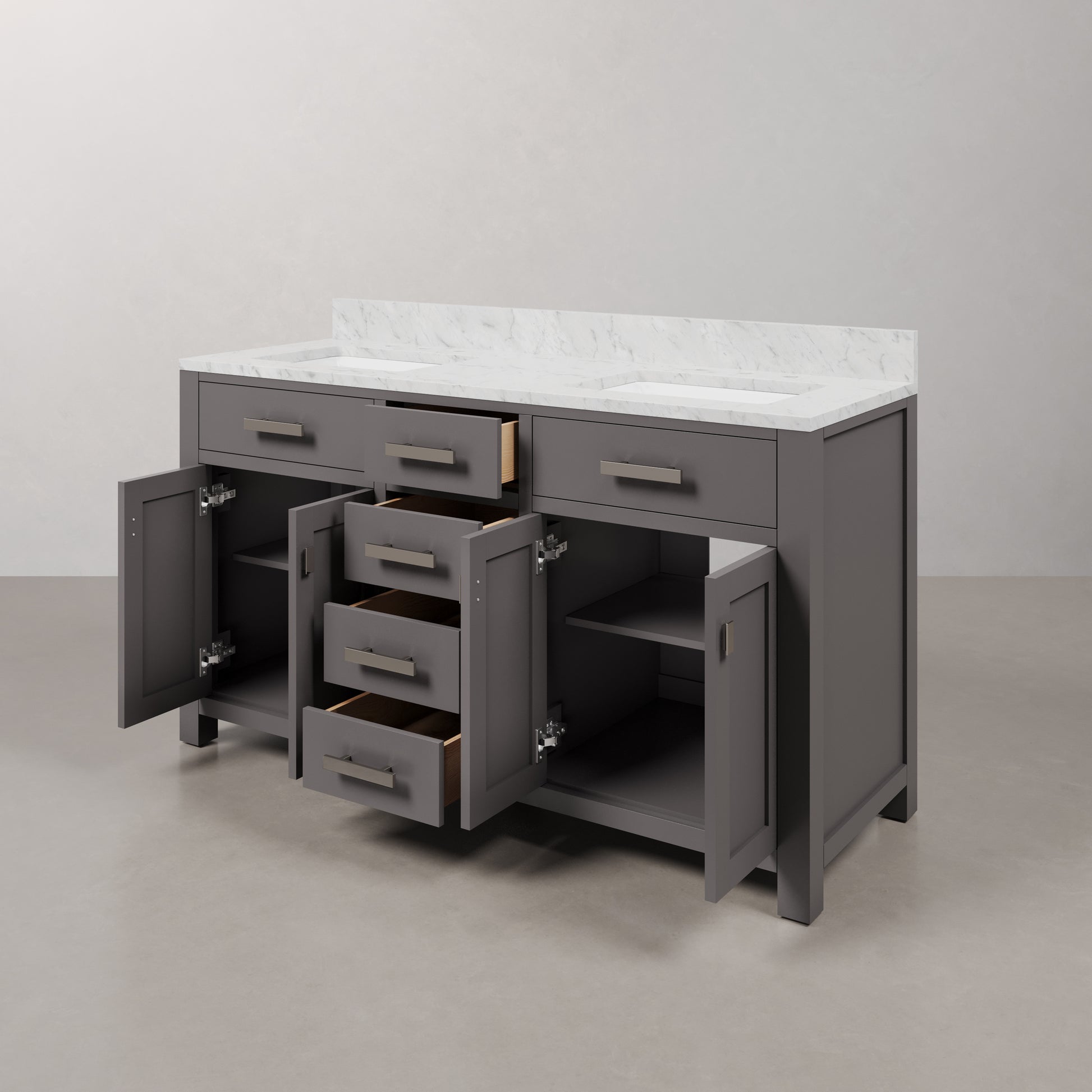 Madison 60 in. W x 21 in. D x 34 in. H Vanity in Cashmere Grey with Marble Vanity Top in Carrara White | Water Creation
