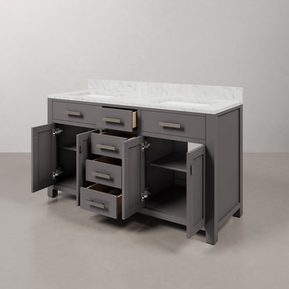 Madison 60 in. W x 21 in. D x 34 in. H Vanity in Cashmere Grey with Marble Vanity Top in Carrara White | Water Creation