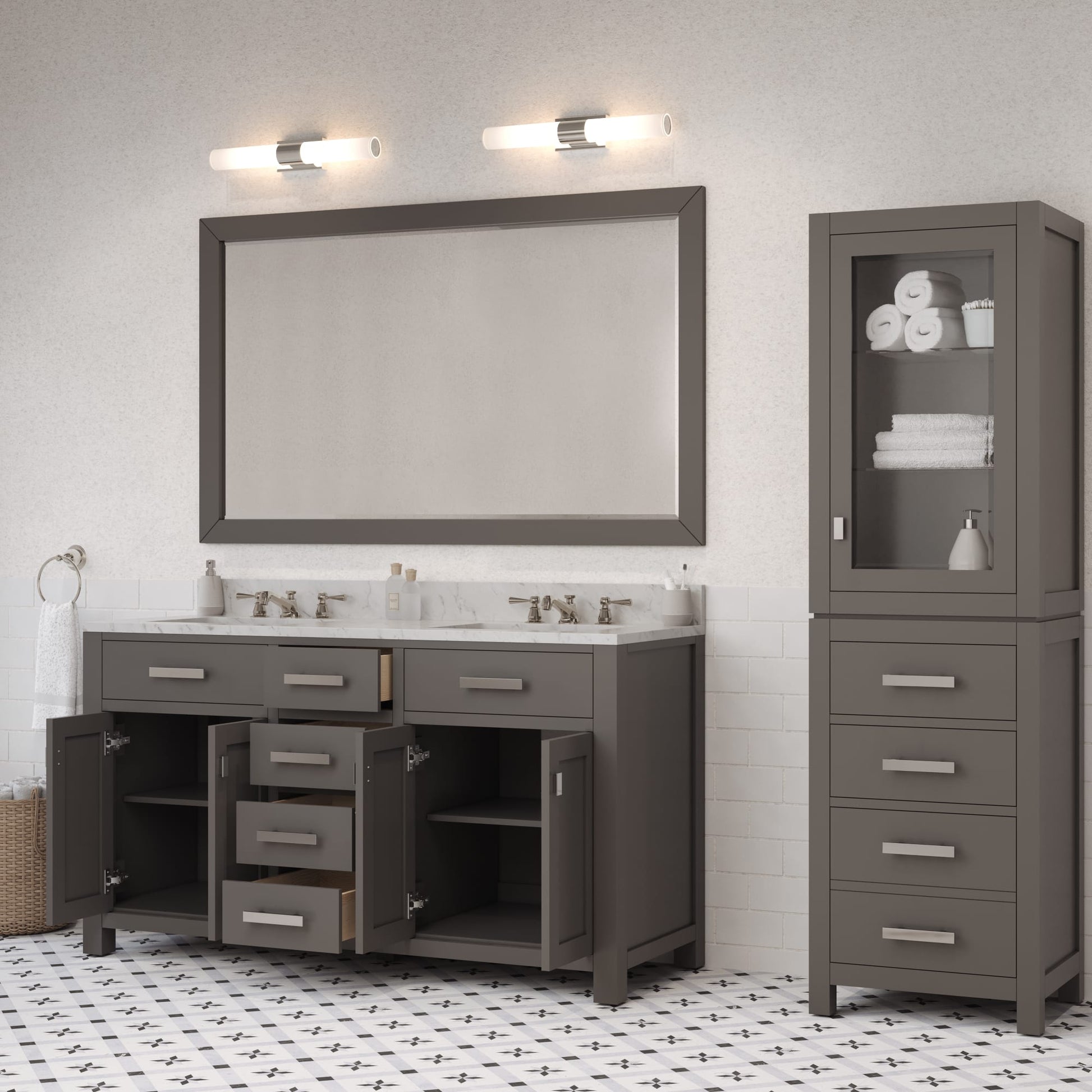 Madison 60 in. W x 21 in. D x 34 in. H Vanity in Cashmere Grey with Marble Vanity Top in Carrara White | Water Creation