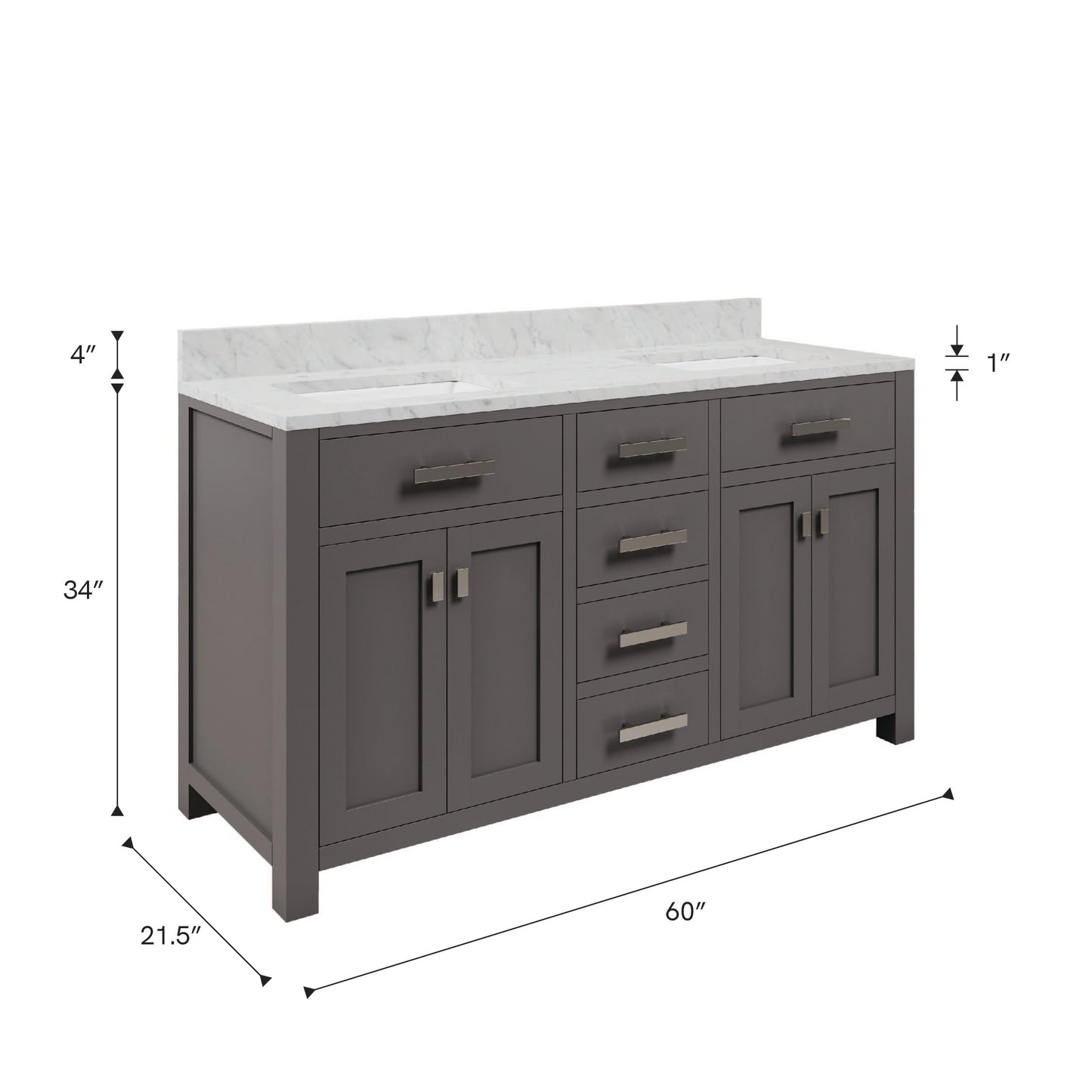 Madison 60 in. W x 21 in. D x 34 in. H Vanity in Cashmere Grey with Marble Vanity Top in Carrara White | Water Creation