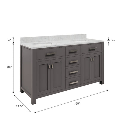 Madison 60 in. W x 21 in. D x 34 in. H Vanity in Cashmere Grey with Marble Vanity Top in Carrara White | Water Creation