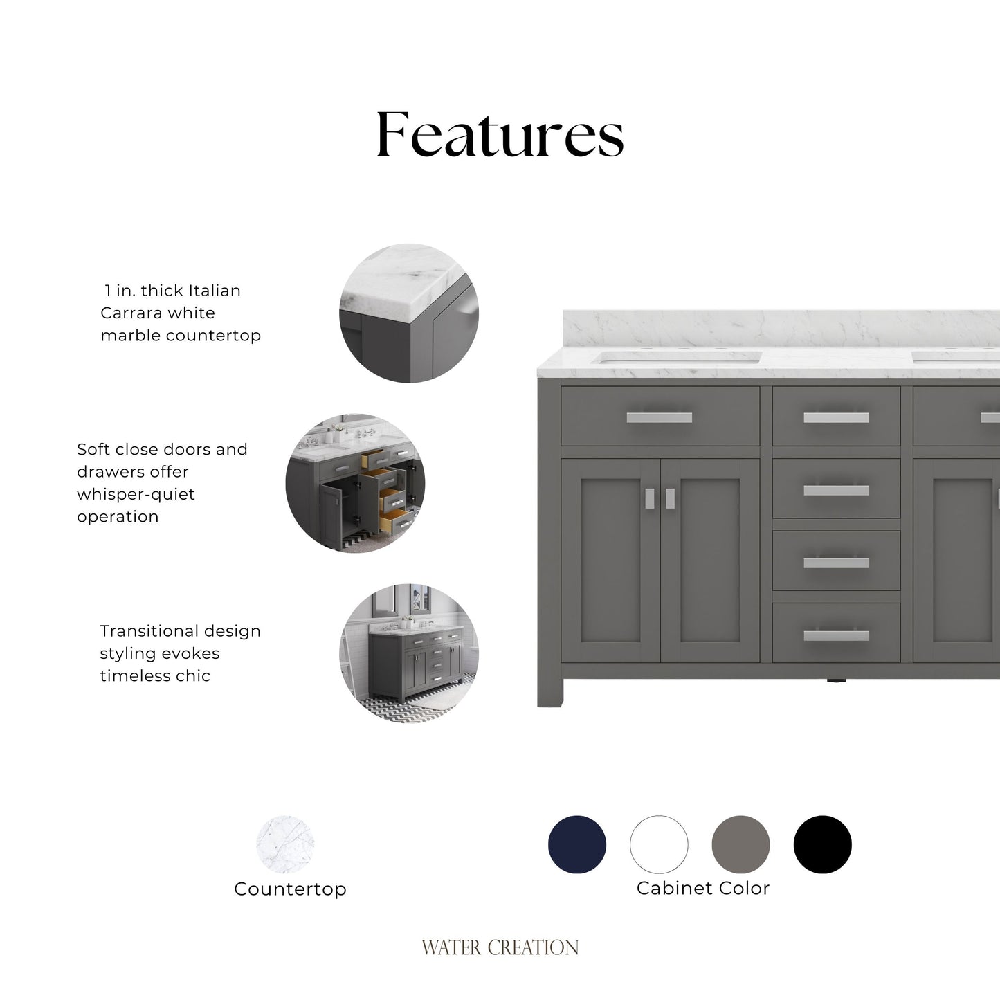 Madison 60 in. W x 21 in. D x 34 in. H Vanity in Cashmere Grey with Marble Vanity Top in Carrara White | Water Creation