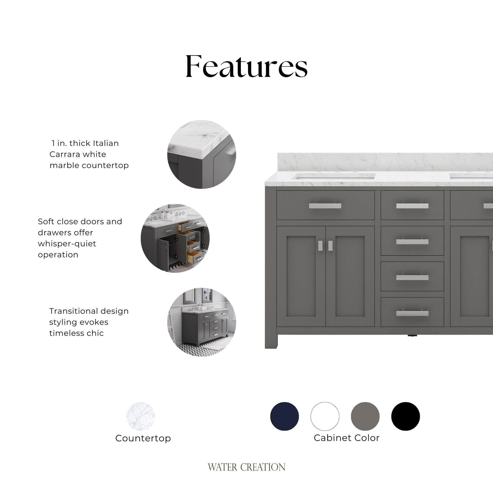 Madison 60 in. W x 21 in. D x 34 in. H Vanity in Cashmere Grey with Marble Vanity Top in Carrara White | Water Creation