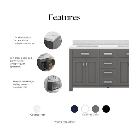 Madison 60 in. W x 21 in. D x 34 in. H Vanity in Cashmere Grey with Marble Vanity Top in Carrara White | Water Creation