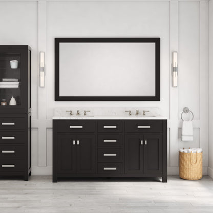 Madison 60 in. W x 21.5 in. D x 34 in. H Double Sink Bath Vanity in Espresso with Carrara White Marble Top | Water Creation