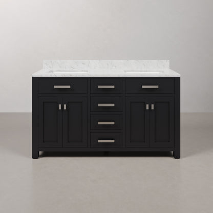 Madison 60 in. W x 21.5 in. D x 34 in. H Double Sink Bath Vanity in Espresso with Carrara White Marble Top | Water Creation
