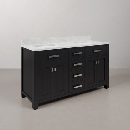 Madison 60 in. W x 21.5 in. D x 34 in. H Double Sink Bath Vanity in Espresso with Carrara White Marble Top | Water Creation