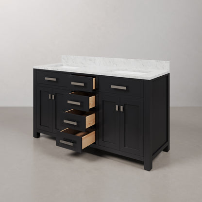 Madison 60 in. W x 21.5 in. D x 34 in. H Double Sink Bath Vanity in Espresso with Carrara White Marble Top | Water Creation