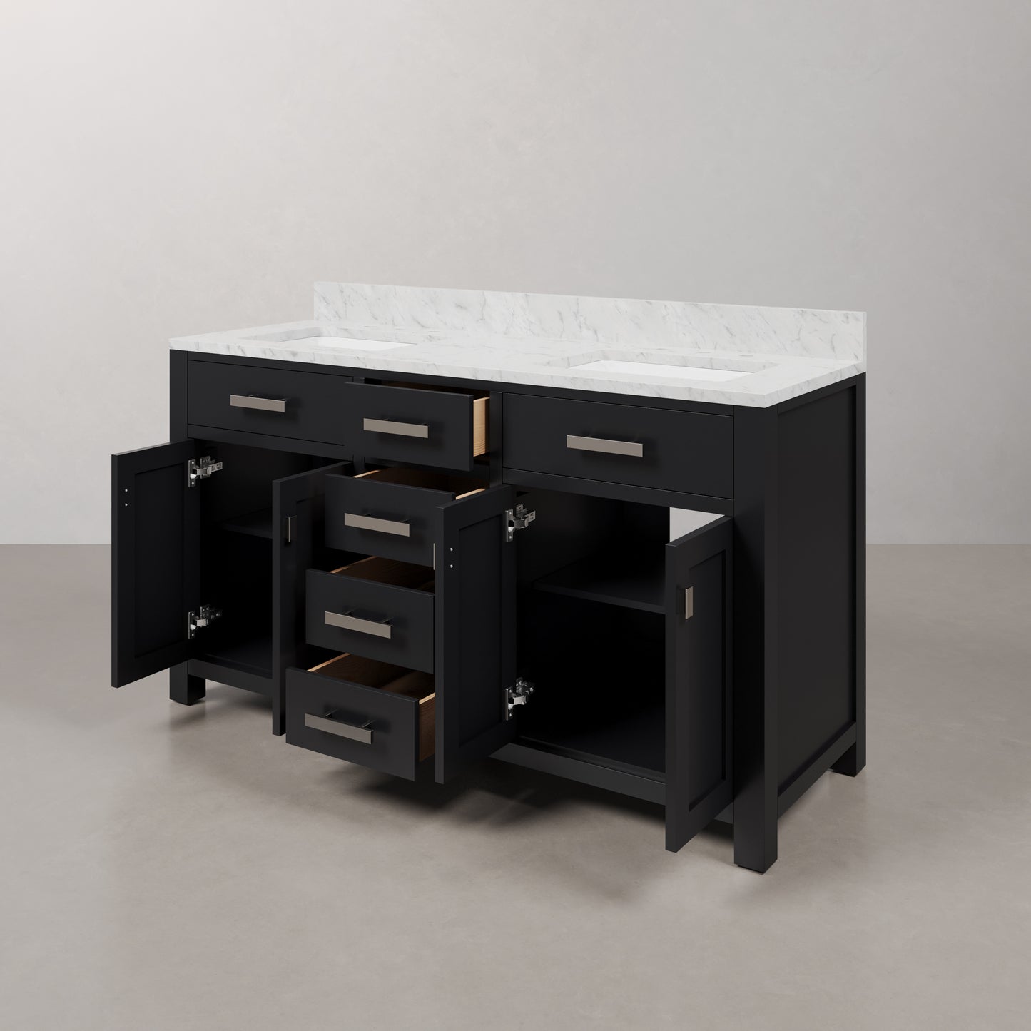 Madison 60 in. W x 21.5 in. D x 34 in. H Double Sink Bath Vanity in Espresso with Carrara White Marble Top | Water Creation