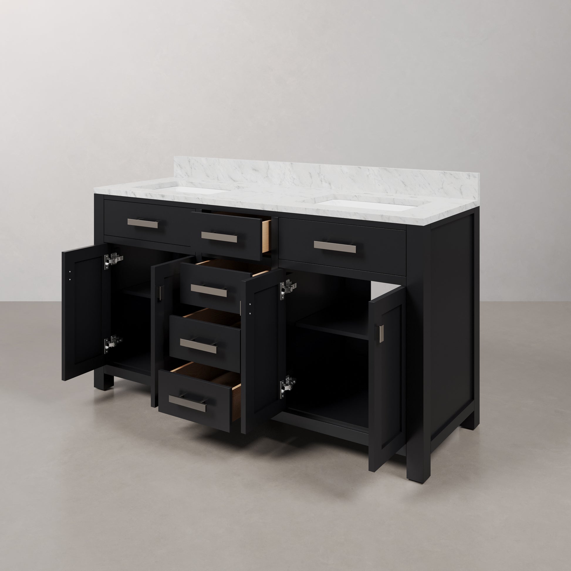 Madison 60 in. W x 21.5 in. D x 34 in. H Double Sink Bath Vanity in Espresso with Carrara White Marble Top | Water Creation