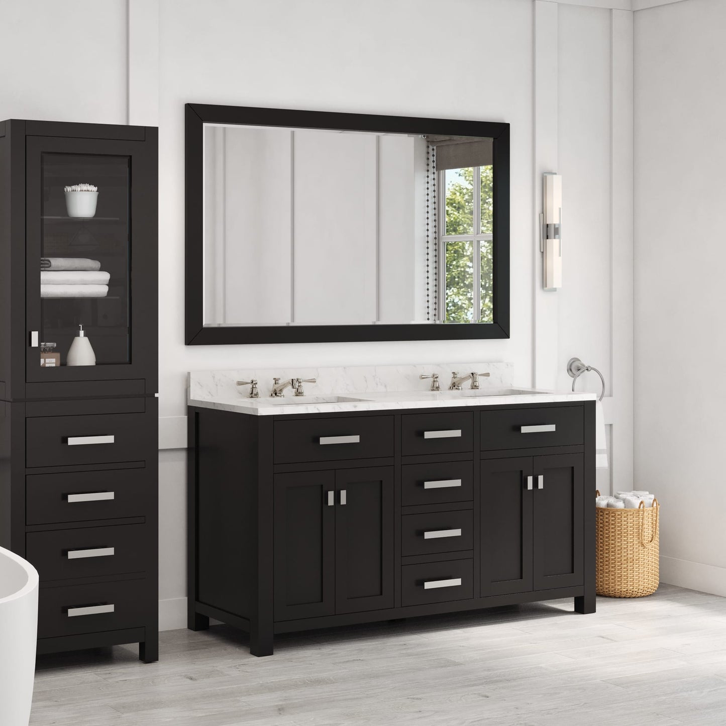 Madison 60 in. W x 21.5 in. D x 34 in. H Double Sink Bath Vanity in Espresso with Carrara White Marble Top | Water Creation