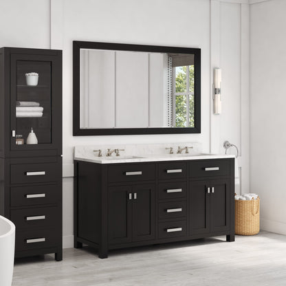 Madison 60 in. W x 21.5 in. D x 34 in. H Double Sink Bath Vanity in Espresso with Carrara White Marble Top | Water Creation
